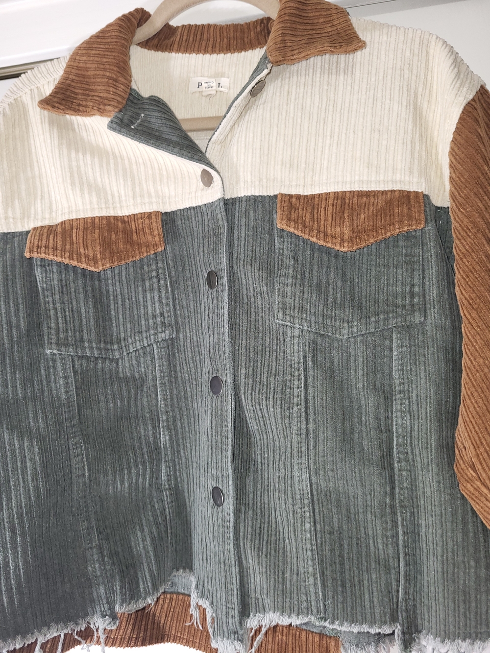 NWOT POL Colorblock Corduroy Jacket in Brown, Cream & Green SZ SM - Picture 2 of 8